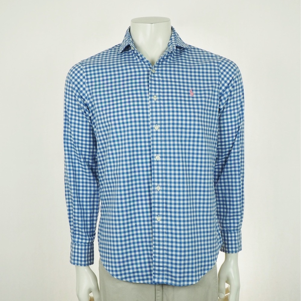 Polo Ralph Lauren Button Down Shirt Mens Small Blue Gingham Striped RL Cotton